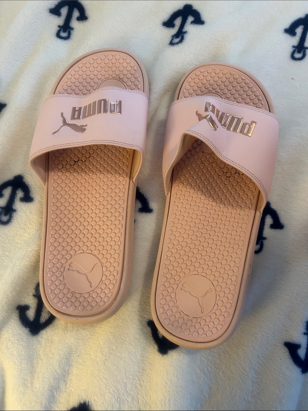 Puma Women's Slide Sandals in Light Pink with Metallic Logo